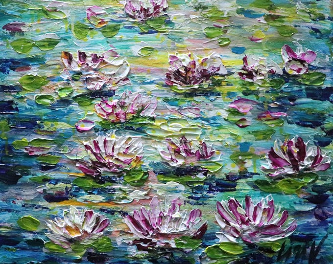 Original Water Lily Painting, Textured Pond Floral Art, 20x16 Canvas