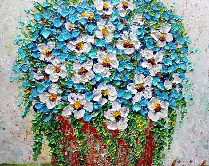 Fresh Flowers Bouquet Original Impasto Painting Canvas Art by Luiza Vizoli Square Canvas Textured Heavy Texture