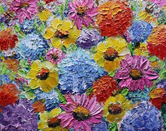 Hydrangeas Flowers Garden Wildflowers of Minnesota From Summer to Fall , Original Oil Painting on Canvas, Colorful Impasto by Luiza Vizoli
