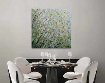 Original Abstract Tree Painting 30x30, Fresh Beginnings, Textured Green Nature Wall Art