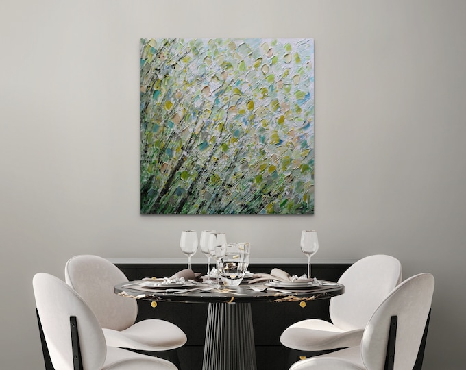 Original Abstract Tree Painting 30x30, Fresh Beginnings, Textured Green Nature Wall Art