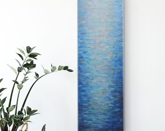 Calming Blue Abstract Painting, Tall Vertical Coastal Wall Art