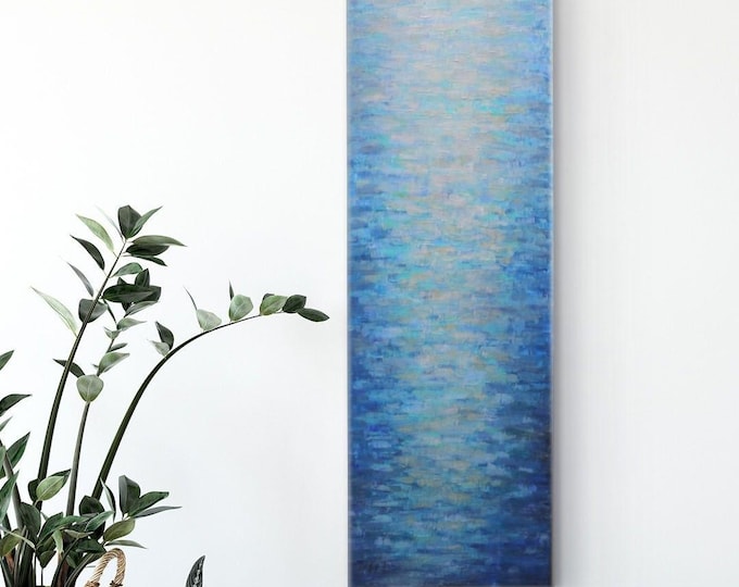 Calming Blue Abstract Painting, Tall Vertical Coastal Wall Art