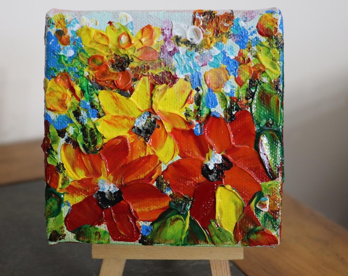 Original Floral Painting 4x4 Acrylic on Canvas Red Flower Bees Colorful Mini Art