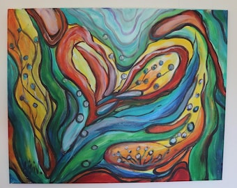 Abstract Botanical Painting – 20x16 Acrylic Canvas – Bold Outlines, Curved Lines, Circular Details