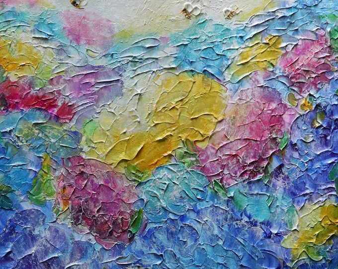Original Hydrangea Painting, Honey Bee Floral Art, Textured 16x20 Canvas by Luiza Vizoli