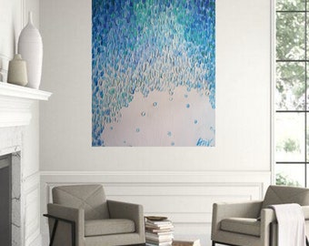 Water Drops Painting Original Abstract Wall Art, Blue Rainfall Canvas Art