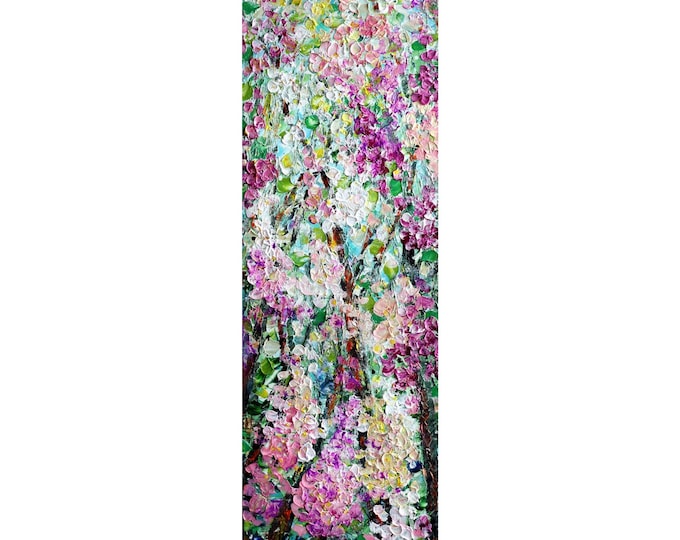 Original Wisteria Painting 14x48, Large Vertical Textured Floral Canvas