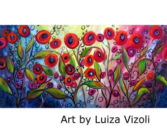 Sunshine Poppies Flowers Original Modern Whimsical Fantasy Flowers Colorful Large Painting  Wall Decor Art by Luiza Vizoli