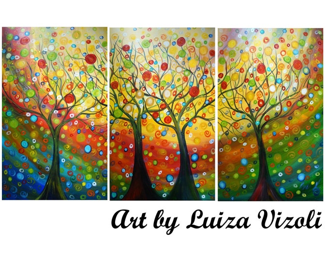 HAPPY FAMILY TREES 72x36 Original Large Painting Upscale Huge Canvases Landscape Whimsical Art by Luiza Vizoli