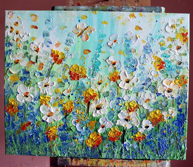 Summer Colors Daisy Wildflowers and Butterflies Impasto Oil Original Painting Art by Luiza Vizoli image 5