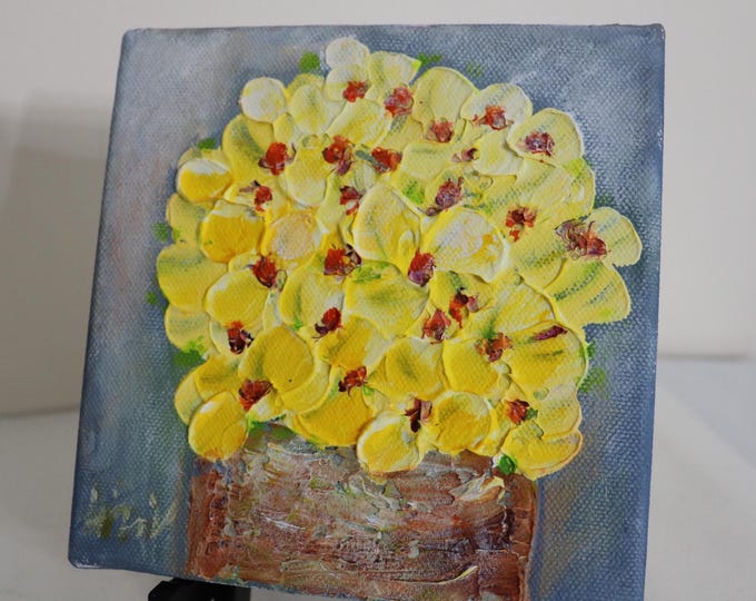 Original Oil Painting, 6x6 Canvas, Yellow Flowers Bouquet Signed Art