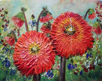 Dahlias Fall Flowers Orange Yellow Wildflowers Painting Oil Artwork MADE TO ORDER