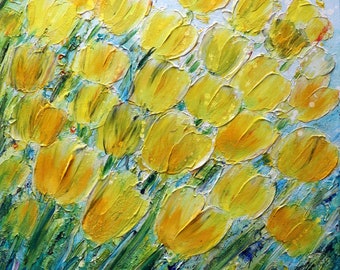 YELLOW TULIPS Spring Blue Sky Flowers Oil Painting Palette Impasto Textured Flowers Art by Luiza Vizoli