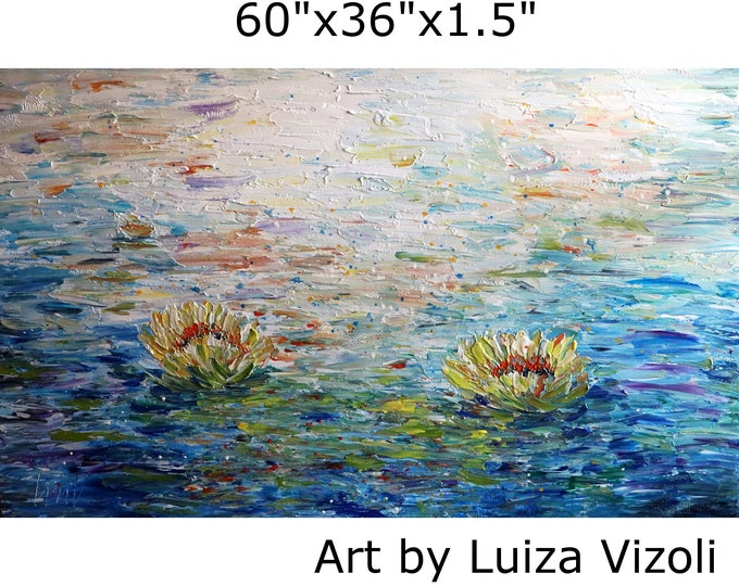 Extra LARGE Painting Abstract Water Lilies Conversation with Monet 60x36 Original Textured Art