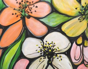 Original Floral Oil Painting-16x20 canvas, Blooming: Contemporary Vertical Stretched Canvas Art