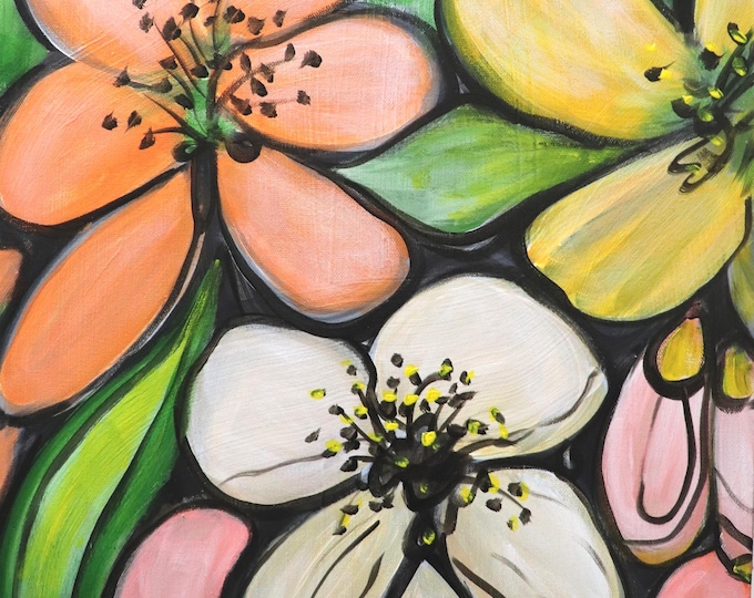 Original Floral Oil Painting-16x20 canvas, Blooming: Contemporary Vertical Stretched Canvas Art