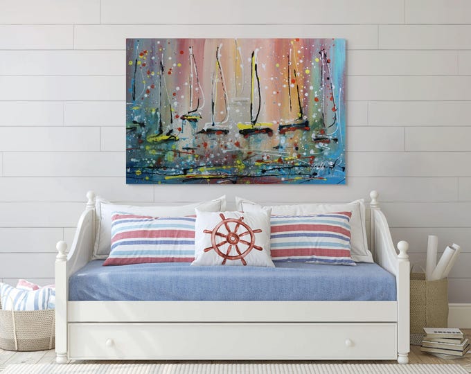 Abstract Sailboat Painting 36x24, Colorful Coastal Wall Art, Modern Nautical Canvas, Original Drip Painting
