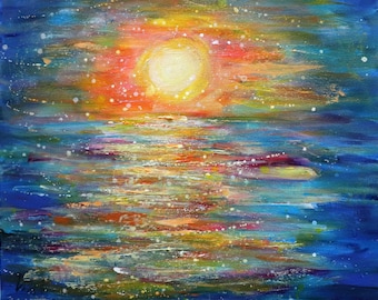 Sunset Over Ocean painting, original acrylic artwork, handmade abstract art, contemporary impressionist seascape, vibrant beach scene