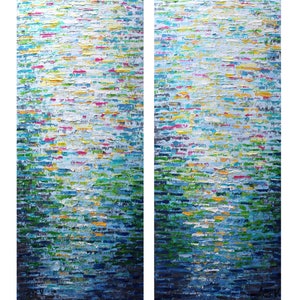 May include: Abstract oil painting diptych with textured brushstrokes. The artwork features a palette of blues, greens, yellows, and pinks, creating a sense of depth and movement. The painting is divided into two vertical panels.