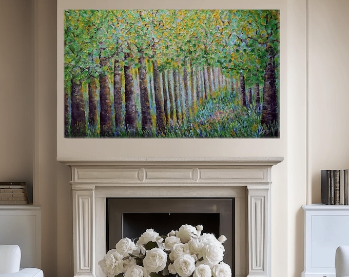 Large Original Aspen Forest Painting 60x36, Impasto Landscape with Wildflowers