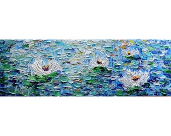 Long Narrow Horizontal Original Panoramic Painting Water Abstract Lilies Impasto Textured Coastal Art by Luiza Vizoli