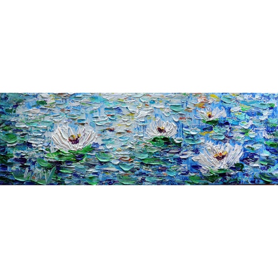 Abstract Water Lilies Oil Painting: Narrow Horizontal Canvas