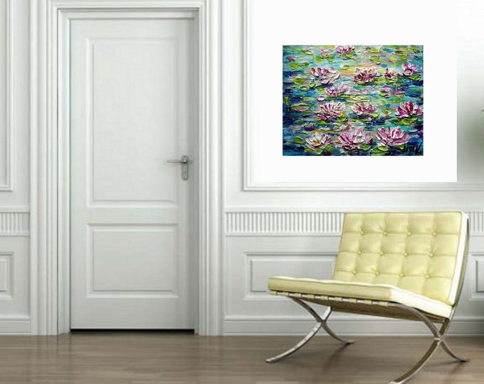 Pink Lotus Painting Water Reflection Wall Art Serene Lily Pond Canvas Original
