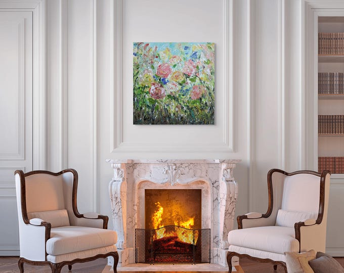 Textured Rose Painting, Pastel Garden Flowers, Original Canvas Art 24x24