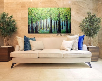 Large Blue Forest Painting, Spring Trees and Wildflowers, Original Landscape Art