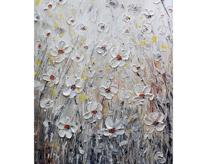 Oil Impasto WHITE FLOWERS DAISY Gorgeous Colors  Original Painting Textured One of a Kind Art by Luiza Vizoli