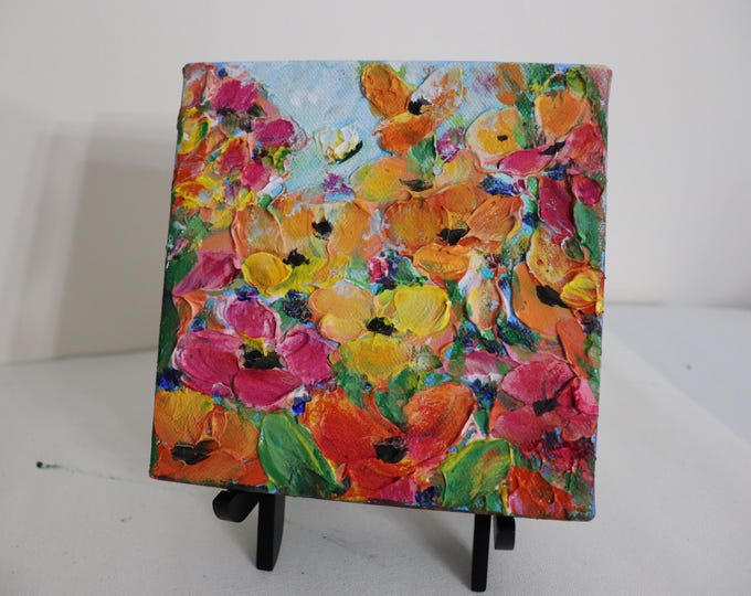 Bright Floral Oil Painting, Orange Pink Textured Flower Art, 6x6