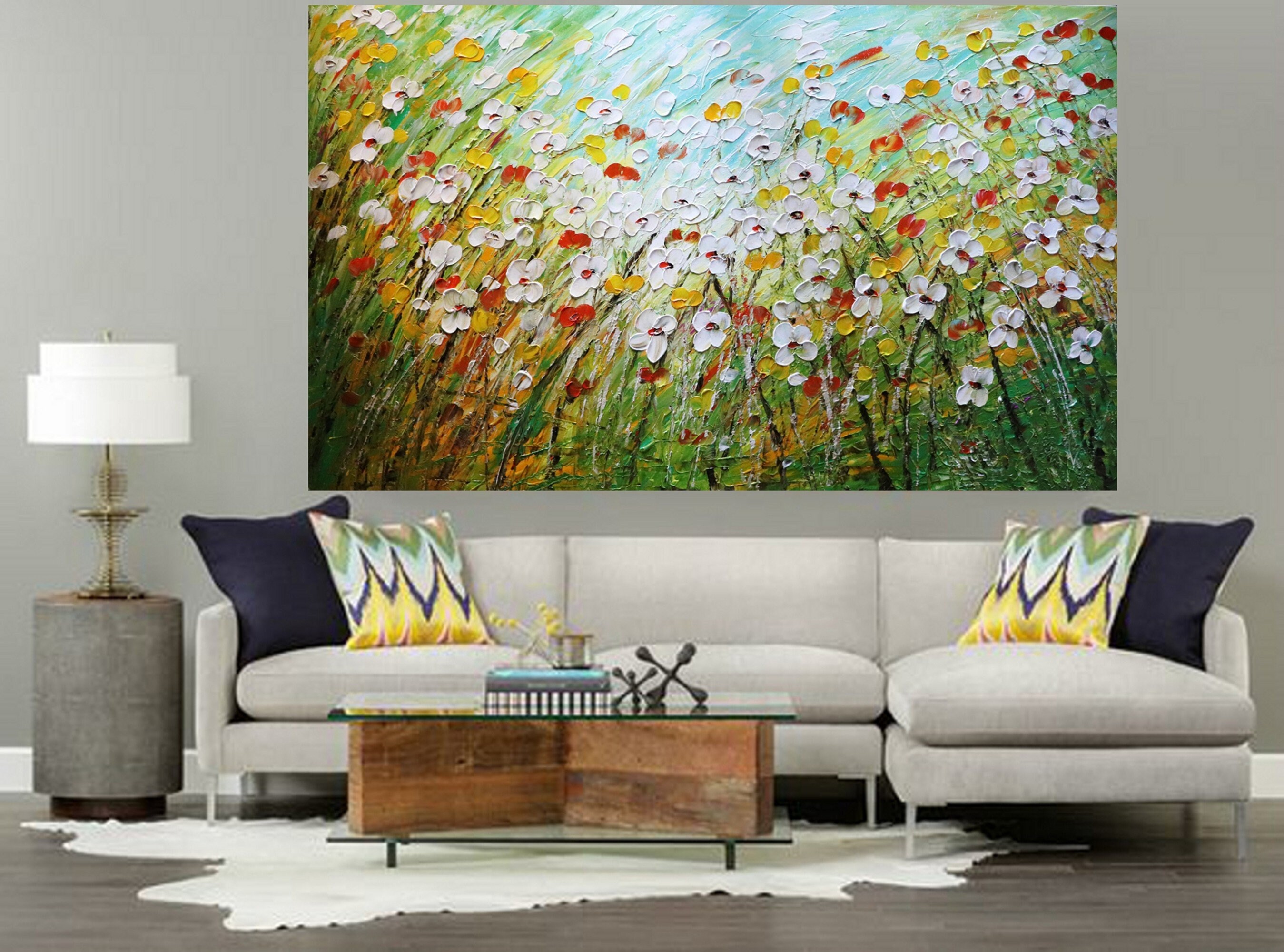 Daisy Flowers Fields Large Painting Living Room Art Original Handmade