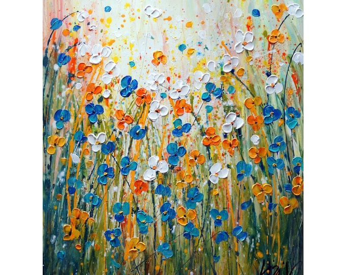 MORNING Bliss Daisy Flowers Abstract Pollock Inspired Original Painting on Large Canvas Art by Luiza Vizoli