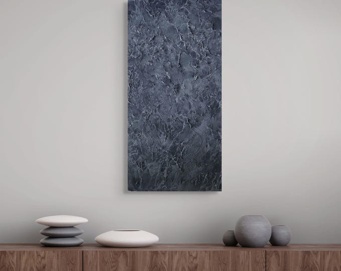 Textured Abstract Painting Black Grey | Wabi Sabi Vertical Canvas, Minimalist Impasto Art
