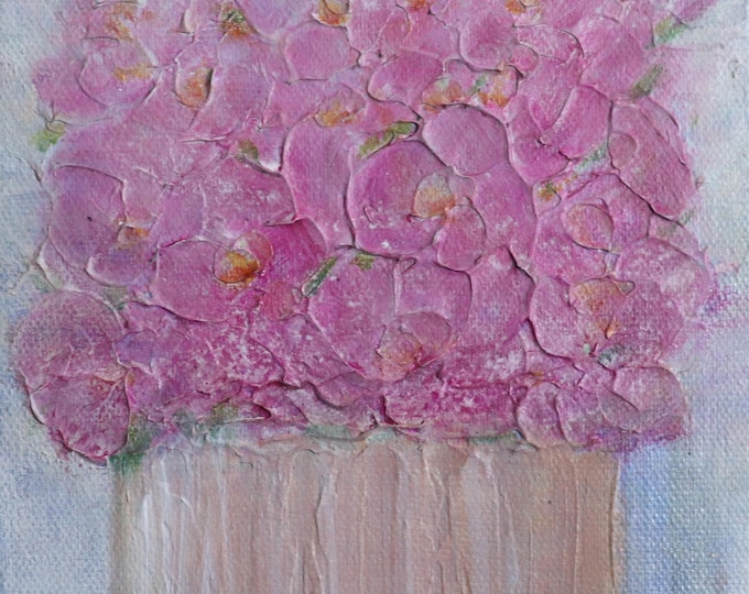 Blush Pink Flower Painting, Flowers in a Pot, Original Textured Floral Art, 6x6