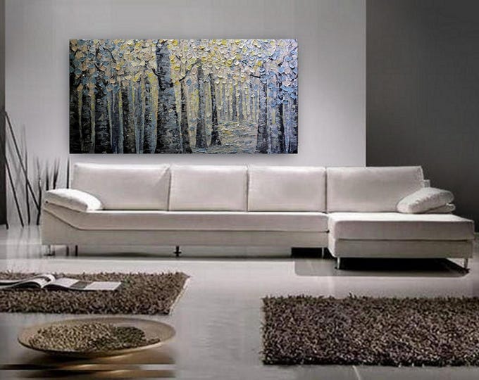 Abstract Birch Tree Landscape Painting: Warm Autumn Colors