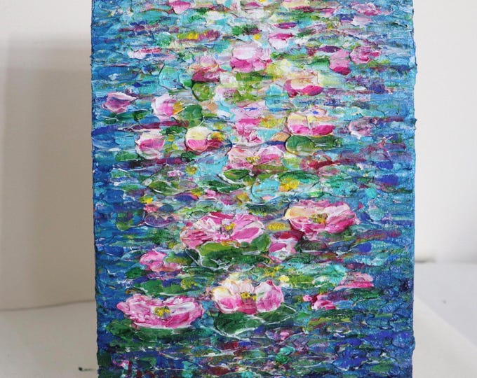 Original Water Lily Painting, Pink Flowers, Blue Pond Art, 8x10