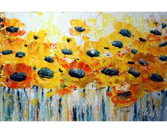 Yellow Floral Impasto Painting: Textured Abstract Art, 36x24