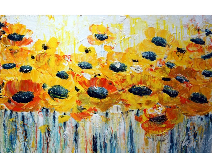 Yellow White SUMMER BLOOM Flowers Impasto Textured Abstract Floral Painting Art by Luiza Vizoli Ready to Ship