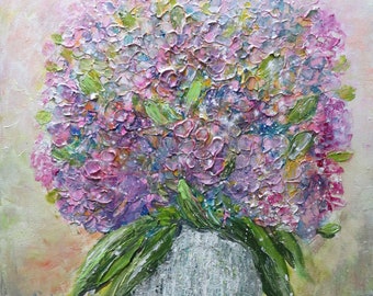 Hydrangea Impasto Oil Painting: Pink, Lavender, and Blue Floral Art