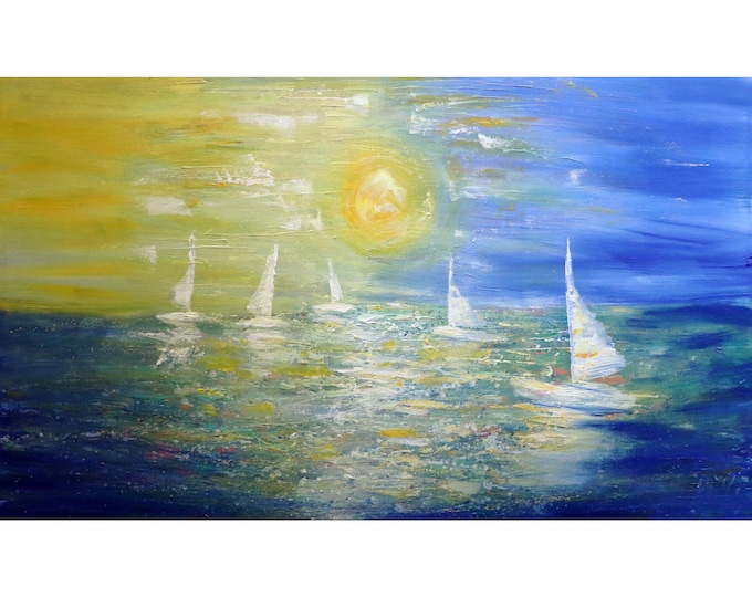 Abstract and Modern 60x36 Painting Sailing Boats Sunset Ocean Extra Large Painting