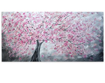 Vibrant Cherry Blossom Pink Sakura in the Wind: Original Painting Bringing a Touch of Spring Renewal