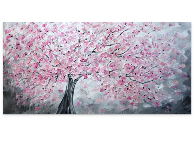 Vibrant Cherry Blossom Pink Sakura in the Wind: Original Painting Bringing a Touch of Spring Renewal