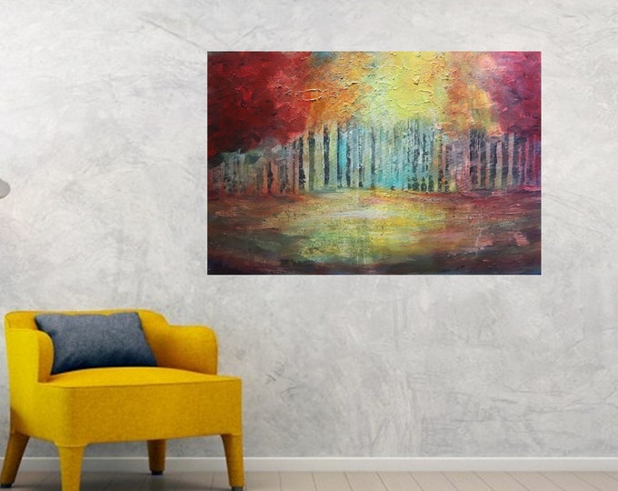 Misty Forest Oil Painting: Fall Lights, Modern Impressionist Art (36x24)
