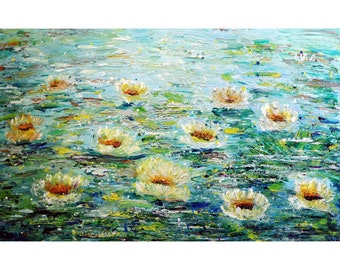 Extra Large Painting  Homage to Monet Lily Pond ABSTRACT WATER Flowers Impasto XL Painting Blue Green White Cream by Luiza Vizoli