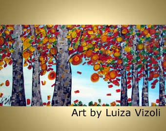Fall Birch Leaves Original Modern Contemporary Trees Landscape Autumn Impasto Oil Large Painting on Canvas by Luiza Vizoli