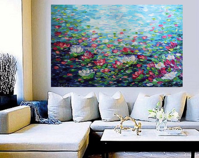 XXL Lily Pond 60x36, 60x40 breathtaking Water Flowers Monet Inspired Abstract Painting Office Art Oil Large Canvas