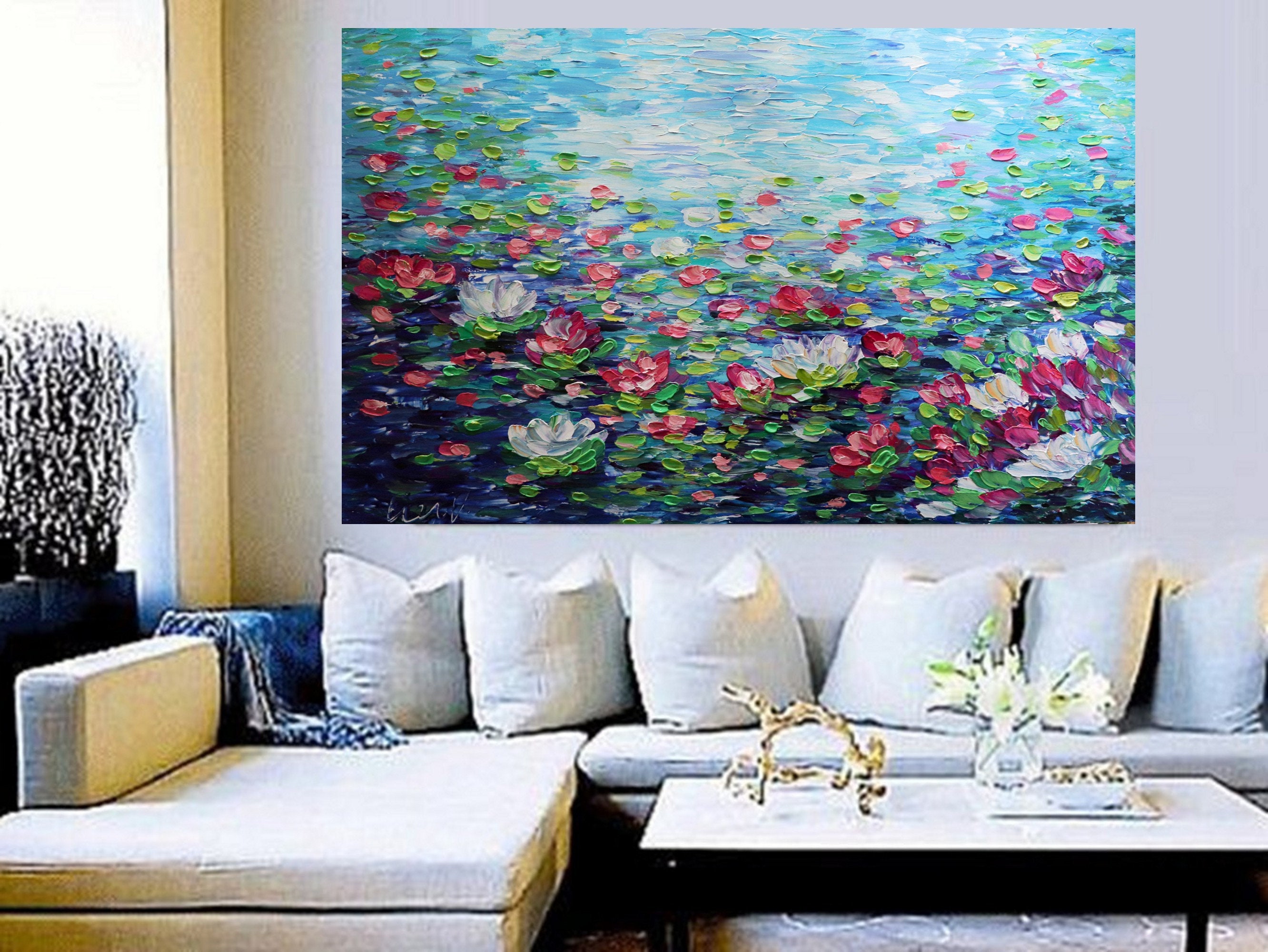 Intuïtie Binnen Temerity XXL Lily Pond 60x36, 60x40 breathtaking Water Flowers Monet Inspired  Abstract Painting Office Art Oil Large Canvas