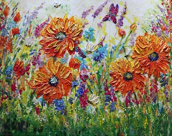Whimsical Bees Lavender Flowers SUMMER Butterflies Painting Orange Purple Pink Original Palette Impasto Modern